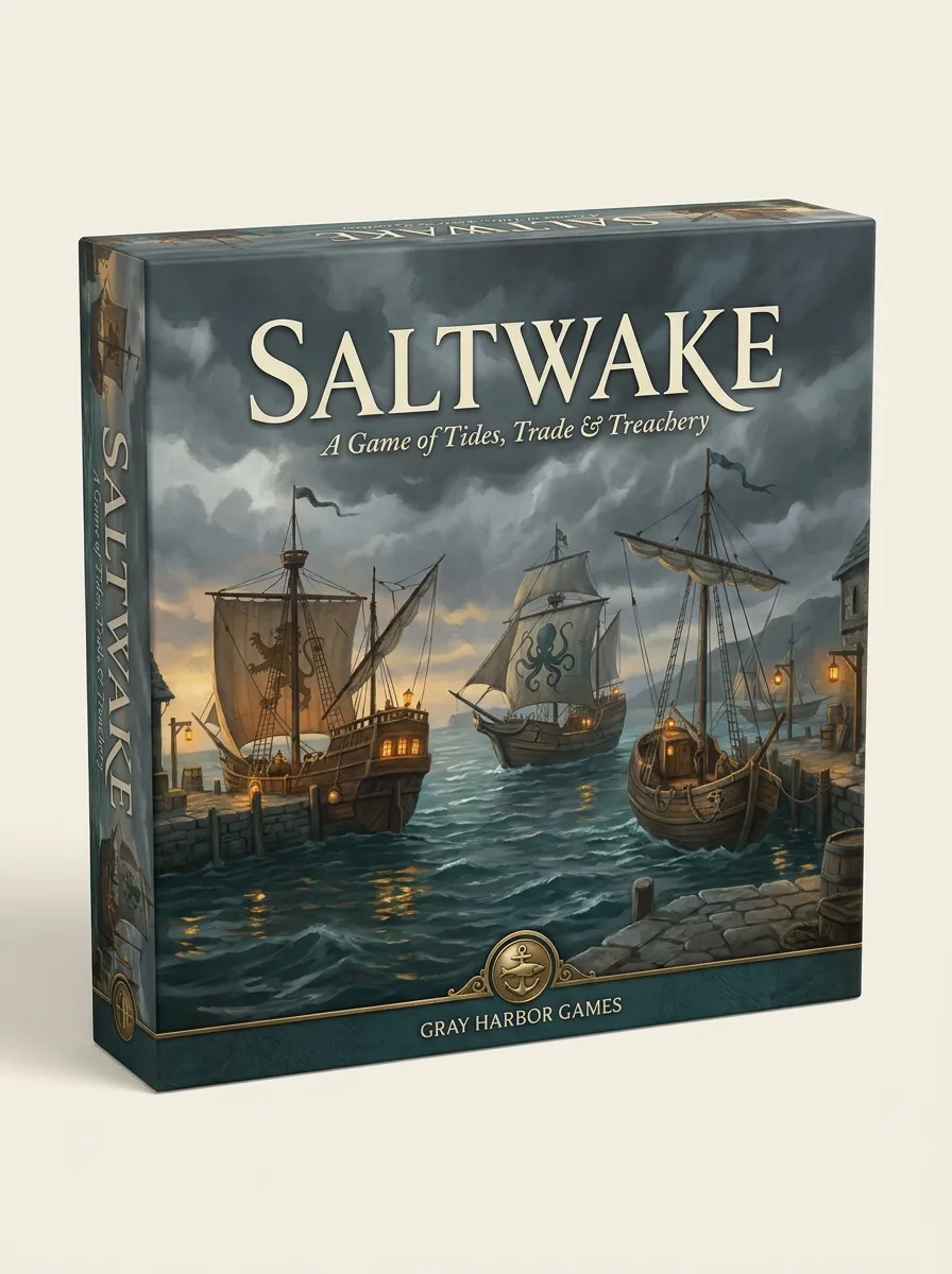 Saltwake board game box, showing a lantern-lit harbor under a gathering storm with three rival guild ships at the docks.